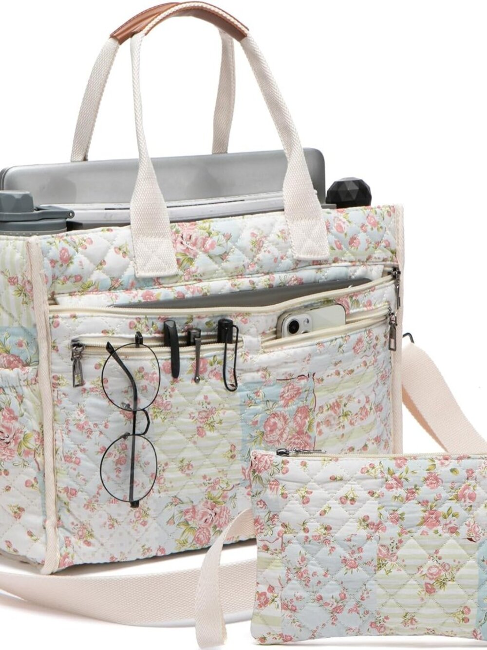 Quilted Tote Bag for Women, 14 Pockets, Large Teacher Crossbody Handbag, Floral